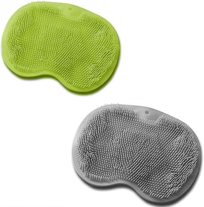 2 PCS Shower Foot & Back Scrubber Brush, Hands Free Wall Mounted Back Massager Mat with Non-Slip Suction Cups Deep Cleaning Foot Brush Exfoliating Silicone Massage Cleaner (Green&Grey)