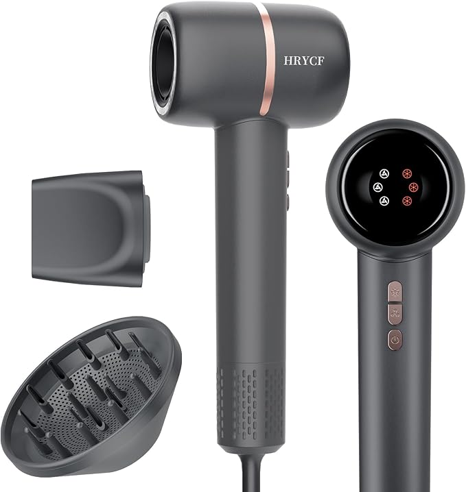 Ionic Hair Dryer Fast Drying, 160000 RPM High-Speed Brushless Motor, Thermo-Control Professional Blow Dryer, Low Noise, Lightweight, Magnetic Concentrator and Diffuser for Curly & Straight Hair, Gray