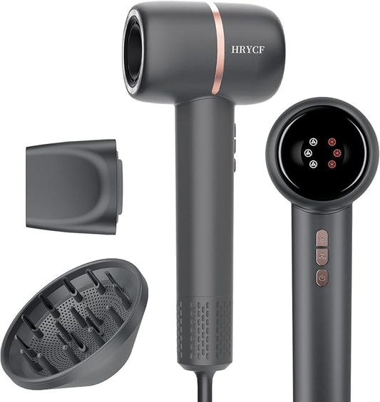 Ionic Hair Dryer Fast Drying, 160000 RPM High-Speed Brushless Motor, Thermo-Control Professional Blow Dryer, Low Noise, Lightweight, Magnetic Concentrator and Diffuser for Curly & Straight Hair, Gray