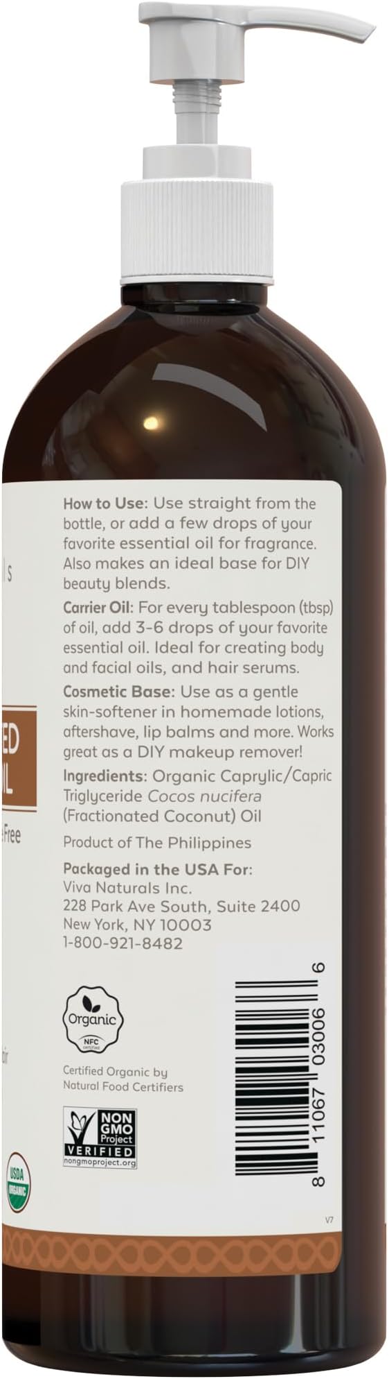 Viva Naturals Organic Fractionated Coconut Oil, 16 fl oz – Skin & Hair Moisturizer, Massage Oil, Carrier Oil for Essential Oils