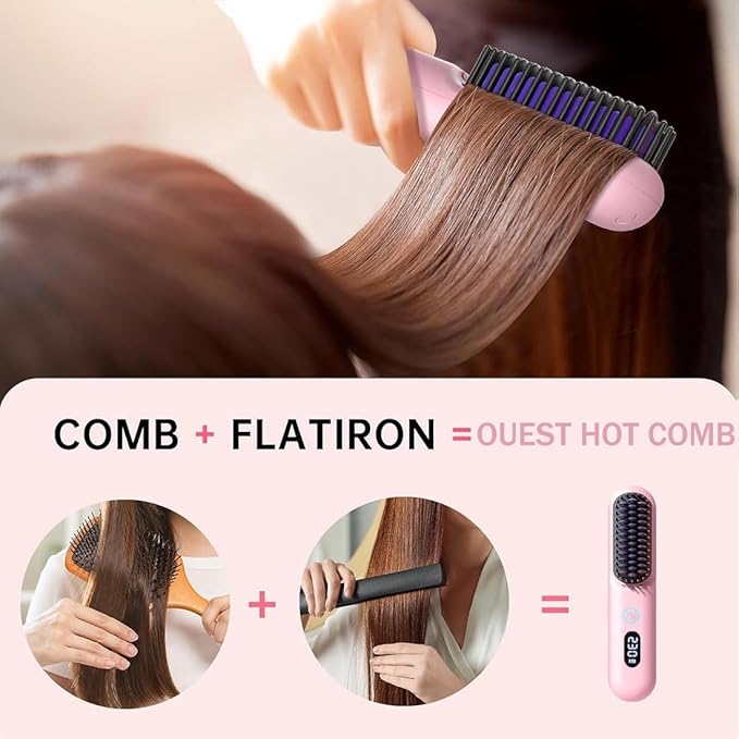 OUEST Cordless Hair Straightener Brush, Portable Mini Straightener Flat Iron, Ceramic Hot Comb with Negative Ions for Women, Lightweight Heated Hair Brush for Travel, Pink