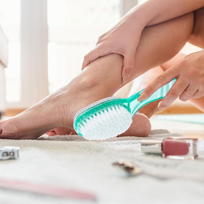 2 Pcs Foot Brush for Shower with Handle 2 in 1,Ooloveminso Large Foot Pumice Stone Brush Scrubber Foot File Calluses Remove Suitable for Horniness Foot Spa,Foot Care Smooth Skin (Green&Transparent)