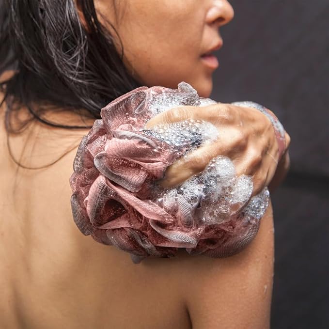 Toem® Loofah Back Scrubber for Shower | Bamboo Charcoal Fiber Infused | Loufas for Men & Women | Includes 1 Long Handled Shower Sponge, 1 Bath & Shower Luffa Pouf & 1 Hook to Hang Stuff (Rose Pink)