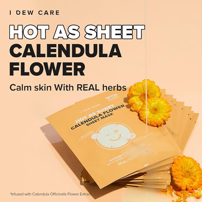 I DEW CARE Calendula Sheet Face Mask - Korean Skincare for Hydrating and Calming Skin | Face Masks with Calendula Extract & Niacinamide, Moisturizing, Sheet Masks for Women, Cute Stuff, 10EA