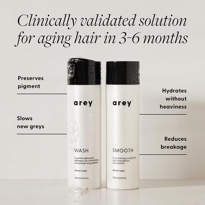 Arey Shower Duo | Daily Wash Shampoo and Smooth Conditioner Set | Delay + Reduce the Signs of Aging Grey Hair | Retain Moisture, Promote Smoothness | Vegan, Gluten-Free & Cruelty Free (2 Pack)