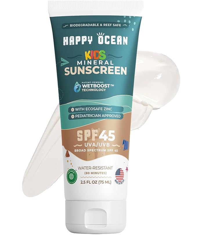 SPF 45 Reef Safe Mineral Sunscreen for Kids & Sensitive Skin with Non-Nano Zinc Oxide, Non Toxic Kids Sunscreen for Face & Body, Natural Organic Sunblock, Travel Size, Vegan 2.5 Fl Oz
