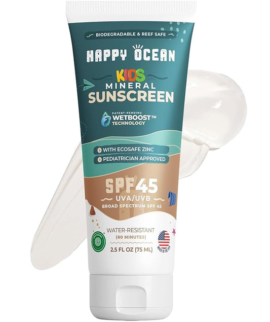SPF 45 Reef Safe Mineral Sunscreen for Kids & Sensitive Skin with Non-Nano Zinc Oxide, Non Toxic Kids Sunscreen for Face & Body, Natural Organic Sunblock, Travel Size, Vegan 2.5 Fl Oz