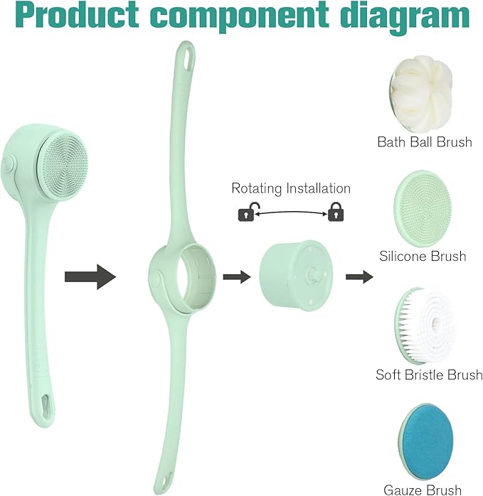 Electric Body Brush Back Scrubber for Shower, Waterproof Long Double-Handled Four-Head Electric Body Scrubber, Rechargeable Bath Brush, for Cleaning, Exfoliation and Skin Massage (Mint Green)