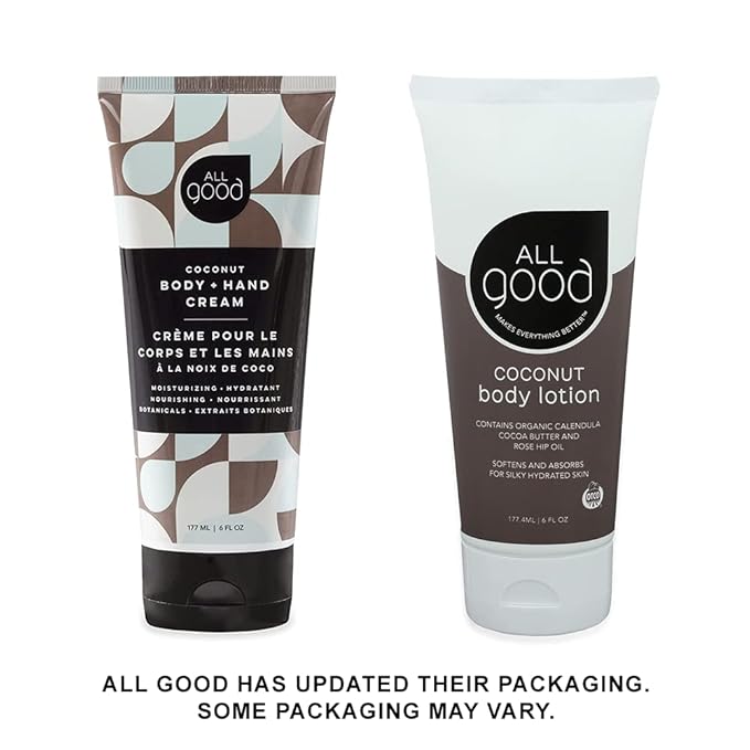 All Good Hand & Body Lotion - Moisturizing Organic Lotion for Dry Skin, Hands & Body - Essential Oils, Calendula, Cocoa Butter - Non-Greasy Body Butter, 6 fl oz (Coconut)