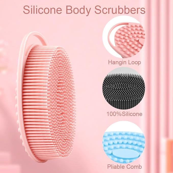 3 PCS Soft Silicone Body Scrubber,Silicone Body Shower,Silicone Loofah 2 in 4 Bath and Shampoo Brush, Body Scrubber Shower Cleaning Exfoliating Use,Lather Well, Black,Pink,Blue