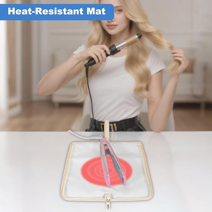 SITHON Hot Iron Holder & Mat, Heat Resistant Hair Tools Travel Bag Portable Hot Tools Organizer Cover Pouch for Curling Irons, Flat Irons, Hair Straightener and Styling Tools (Bag Only) (Beige)