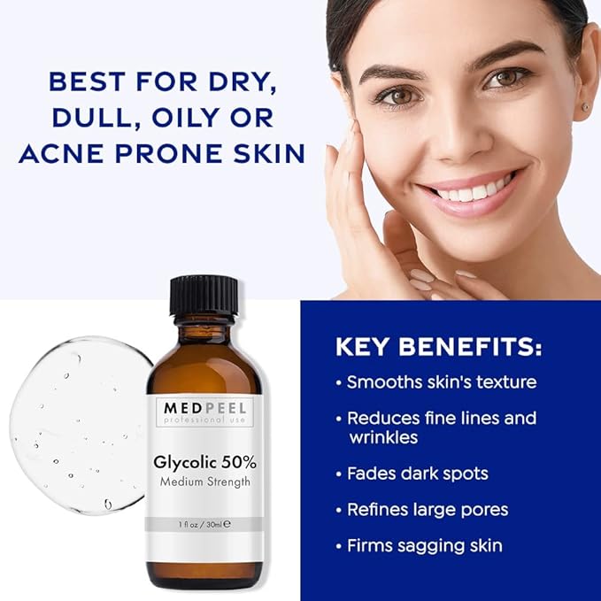 MedPeel Glycolic Acid 50% Essential Peel Kit, Includes Peel, Prep, Neutralizer, Medium Strength Chemical Face Peel, Minimize Fine Lines, Wrinkles, Dark Spots, All Skin Tones, 1oz/30ml (Kit of 3)