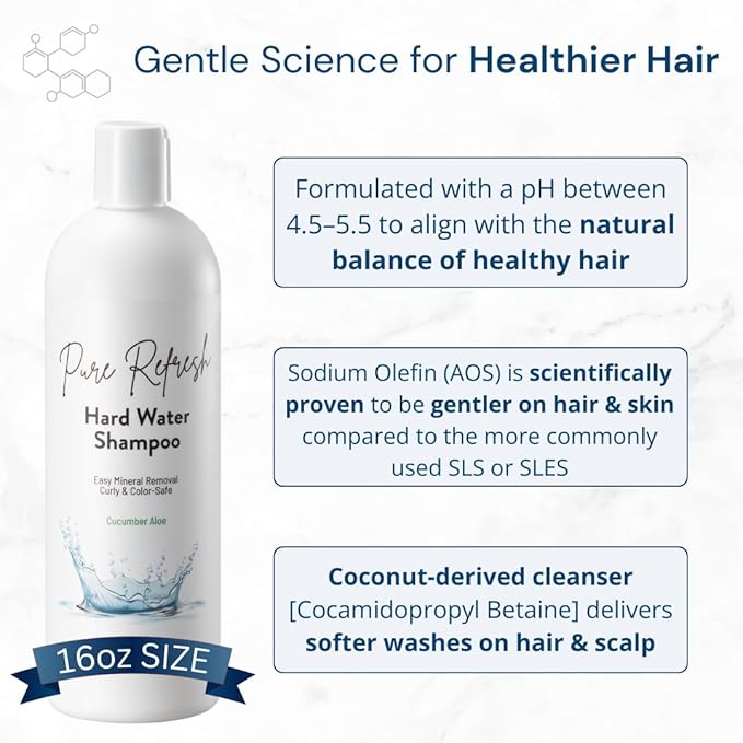 Pure Refresh Hard Water Shampoo – Deep Cleansing Hair Treatment for Well Water, Gently Removes Mineral Buildup, Clarifying & Color-Safe, Made in USA (16oz)