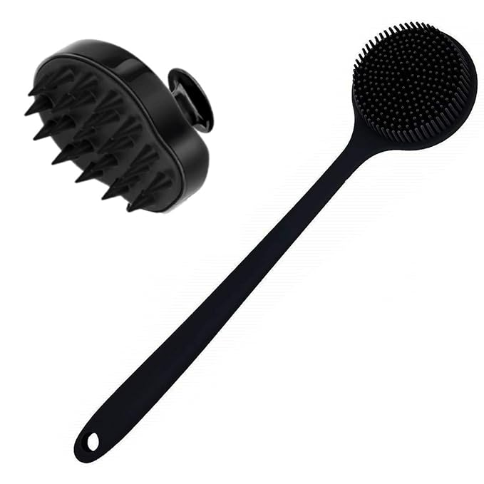 Silicone Body Scrubber & Scalp Massager, Long Handle Shower Brush, Exfoliating Scrubber for Men, Women & Kids