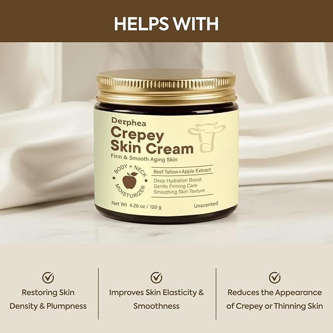 Crepey Skin Repair Treatment: Crepey Skin Repair Cream for Aging Skin with Pure Beef Tallow, Soluble Collagen & Apple Fruit - Advanced Crepe Fix Cream for Neck, Arms, Chest, Body - Unscented