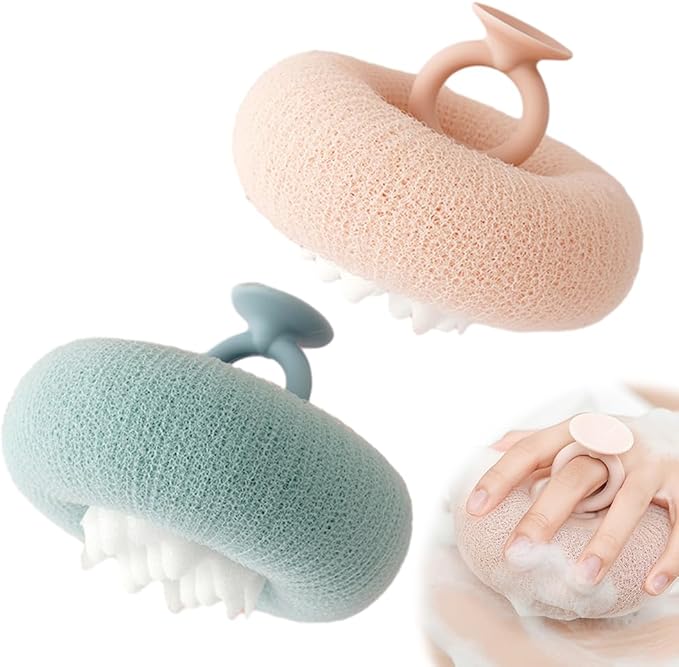 Super Soft Sunflower Suction Cup Bath Ball, 2025 New 2 in 1 Exfoliating Bath Sponge Cleaning Brush with Finger Rings, Sponge Mesh Pouf Shower Ball for Women & Men (Apricot+Green)