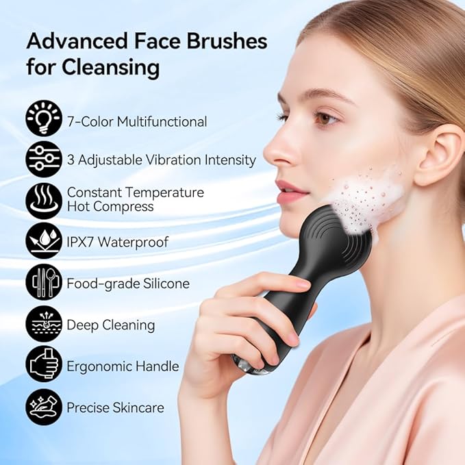 Facial Cleansing Brush, Face Scrubber, Electric Face Brush with 7 Colors, Rechargeable Waterproof Exfoliator with Heat and Vibration, Deep Cleansing and Massage for Men and Women(Black)