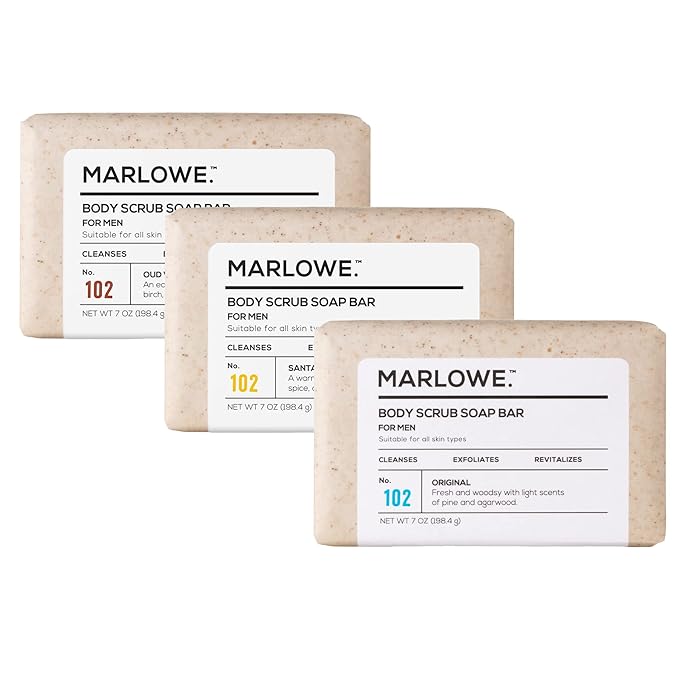 MARLOWE. No.102 Men’s Body Scrub Soap (Variety Trio) – Best Exfoliating Bars with Natural Ingredients & Green Tea Extract, 3 Amazing Scents, Holiday Gift, Stocking Stuffer for Men