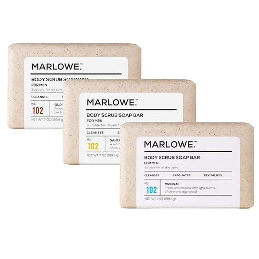 MARLOWE. No.102 Men’s Body Scrub Soap (Variety Trio) – Best Exfoliating Bars with Natural Ingredients & Green Tea Extract, 3 Amazing Scents, Holiday Gift, Stocking Stuffer for Men