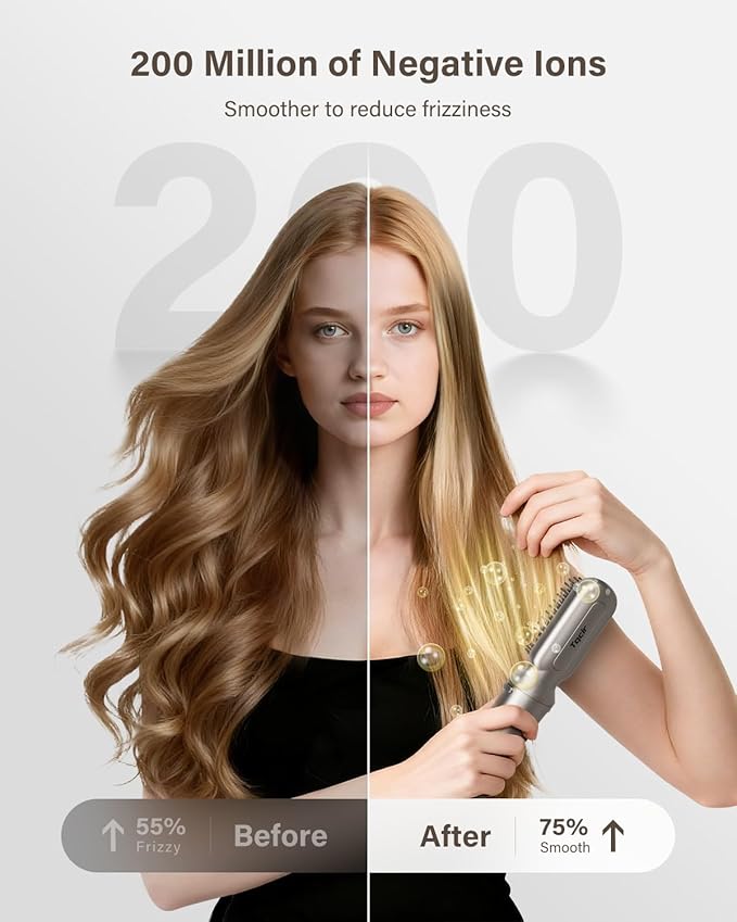 Cordless Hair Straightener Brush, 2 in 1 Curling & Straightening Brush with 200 Million Negative Ions, Mini Travel Hot Straightener Comb for Women, Fast Heating & Dual Voltage