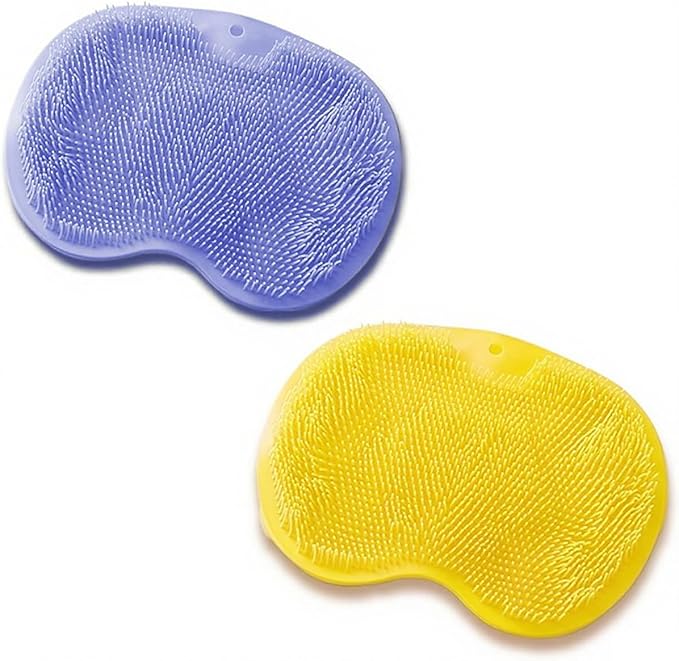 2 PCS Shower Foot & Back Scrubber Brush, Hands Free Wall Mounted Back Massager Mat with Non-Slip Suction Cups Deep Cleaning Foot Brush Exfoliating Silicone Massage Cleaner (Blue&Yellow)