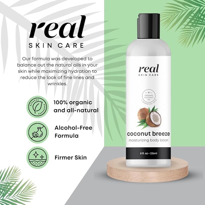 Real Skin Care Organic Body Lotion | Tighten and Moisturize Dry Skin | Reduce Fine Lines and Wrinkles | Natural Body Lotion Without Chemicals | Coconut Lotion Body | Paraben Free Body Lotion | 8oz