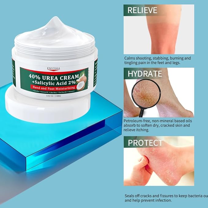 ENVISHA 40% Urea Cream for Dry Cracked Feet- Maximum Strength Foot & Hand Moisturizer with 2% Salicylic Acid, Tea Tree, and Aloe Vera | Deep Hydration & Softener for Feet Care