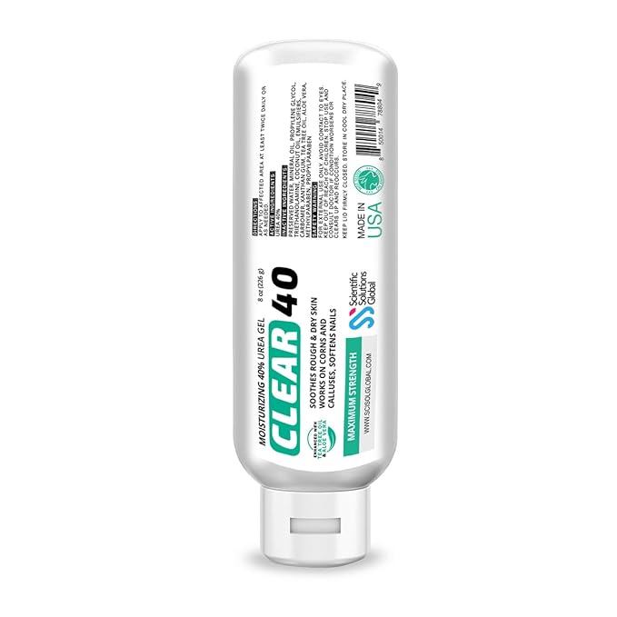 Clear 40, 40% Urea Gel, 8 oz w/Tea Tree & Coconut Oil, Aloe Vera Extract, Works on Calluses & Corns, Moisturizes & Softens Cracked Heels, Feet, Elbows, Hands, Nails, Superior Hydration to Urea Creams