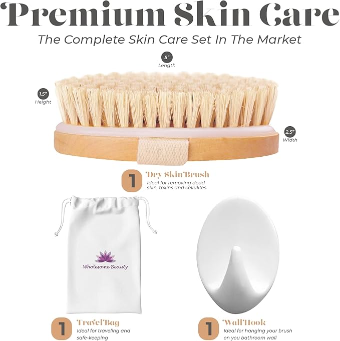 Dry Skin Body Brush - Improves Skin's Health and Beauty - Natural Bristle - Remove Dead Skin and Toxins, Cellulite Treatment, Improves Lymphatic Functions, Exfoliates, Stimulates Blood Circulation