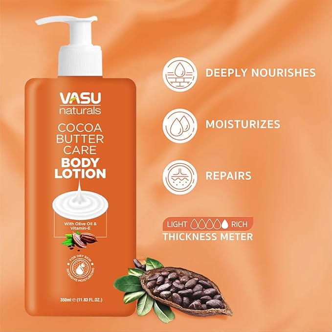 Vasu Naturals Cocoa Butter Body Lotion for Dry Skin - 24-Hour Hydration with Olive Oil & Vitamin E, Non-Greasy, Fast-Absorbing Moisturizer - Pack of 2-11.83 fl oz each
