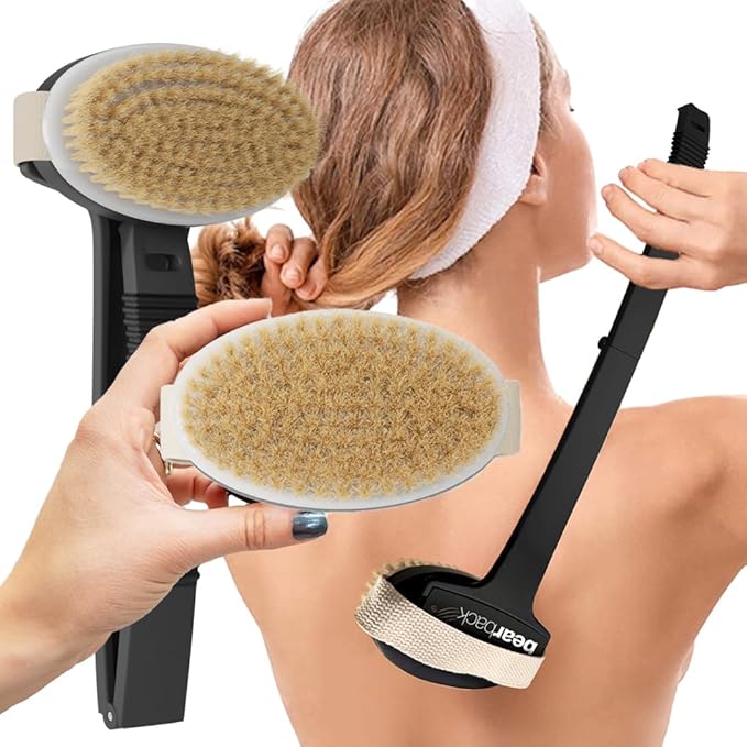Bearback Dry Brushing Body Brush with Natural Bristles - Premium Exfoliating Brush for Shower or Dry Brushing | Long Folding Handle, Removable Brush Head