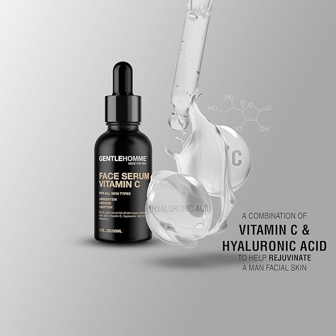 Gentlehomme - Vitamin C Face Serum - Men’s Facial Serum - With 20% Vitamin C, Hyaluronic Acid & Vitamin E - Helps Brighten, Revive & Soften Skin - Day & Night Serum - All Skin Types - Vegan - 1oz
