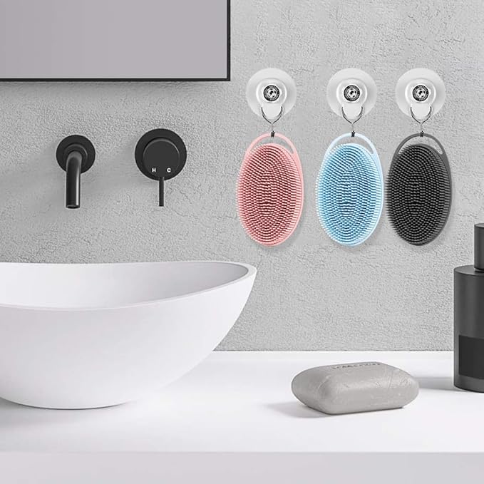 3 PCS Soft Silicone Body Scrubber,Silicone Body Shower,Silicone Loofah 2 in 4 Bath and Shampoo Brush, Body Scrubber Shower Cleaning Exfoliating Use,Lather Well, Black,Pink,Blue
