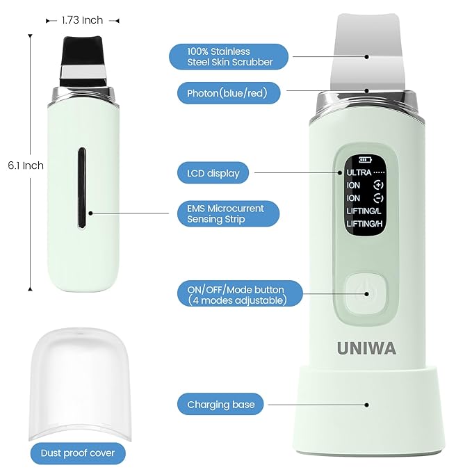 UNIWA Skin Scrubber Face Spatula, Skin Scrubber Pore Cleaner Blackhead Remover Tool for Deep Facial Cleansing - 4 Modes, Face Spatula with USB Charger, LCD Display, IPX7 Waterproof -Green