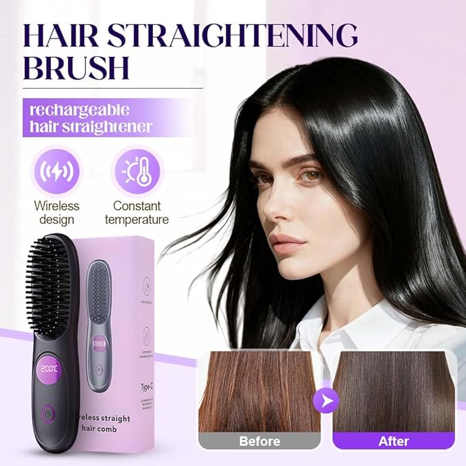 Cordless Hair Straightener Brush, Portable Mini Hair Straightening Brush with 3 Temperature Settings & LED Display, USB Rechargeable Fast Heating Hairs Brush for Travel (Black)