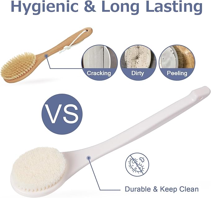 Bath Brush Long Handle for Shower, Soft Bristle Back Scrubber for Shower, Ergonomics Curved Long Handle Back Brush Exfoliating Body Scrubber with Hook and Lanyard-Cream White