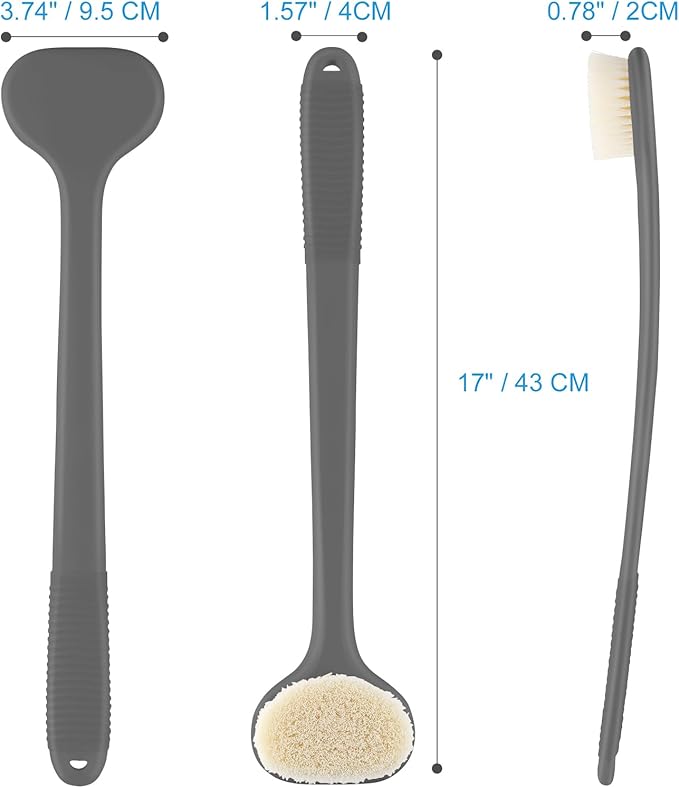 VANZAVANZU Back Scrubber for Shower, Bath Brush with 17-Inch Long Anti-Slip Handle, Wet and Dry Brushing Body Brush for Body Cleansing, Back Brush for Men and Women (Grey)