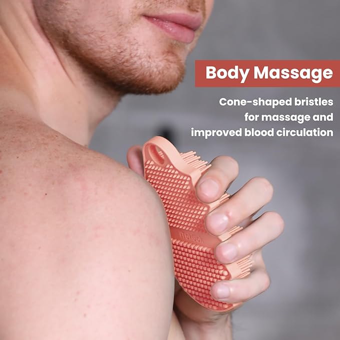 Silicone Body Scrubber Silver-Infused Dual-Sided 3-in-1 for Shower, Body Cleaning+Massage+Exfoliator Body Brush Buffer for Men and Women, Silicone Loofah, Non-Slip Handle (Pink)