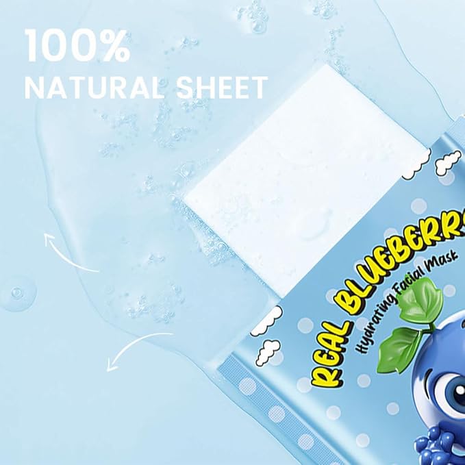 8 PCS Real Hydrating Nature Face Masks Skincare, Hyaluronic Acid, Vitamin C and E, Chamomile, Korean Beauty Essence Facial Paper Sheet Mask for Skin Care Moisturizing (Blueberry)