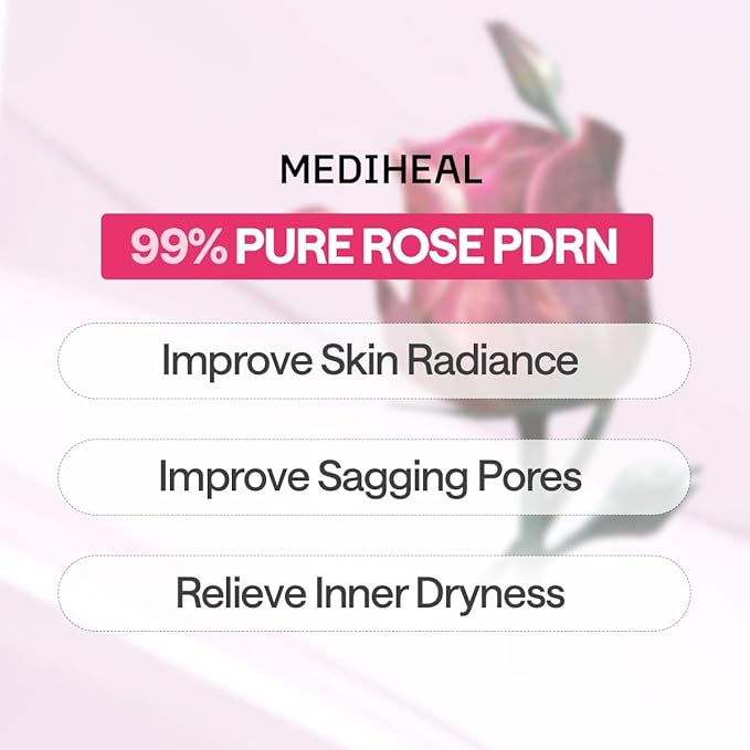 Mediheal Rose PDRN Essential Sheet Mask 10 pcs. 99% Pure White Rose PDRN & Hyaluronic Acid for hydrating, firming, and enhancing moisture barrier, skin firmness, and glow. Vegan formula