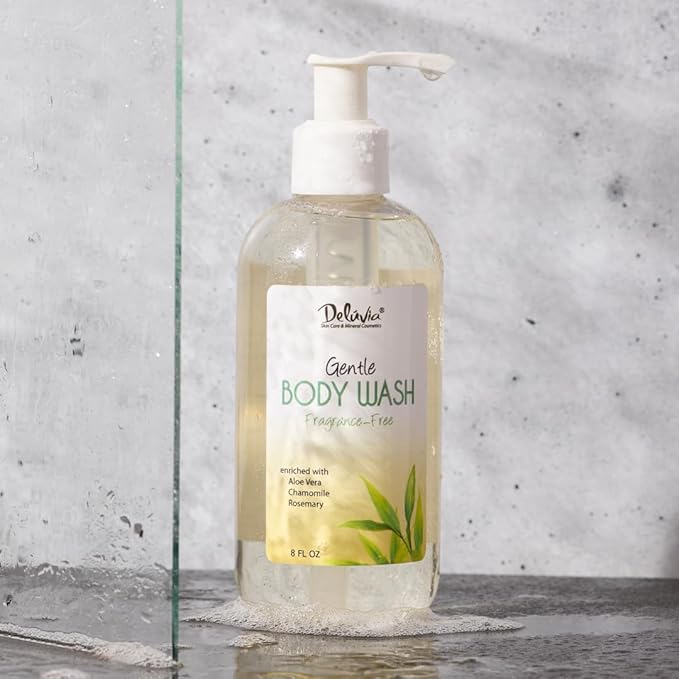 Deluvia Gentle Body Wash, Moisturizing Body Wash with Aloe Vera, Organic Jojoba Seed Oil, Sweet Almond Oil and Vitamin E, Unscented, for All Skin Types, Including Sensitive Skin.