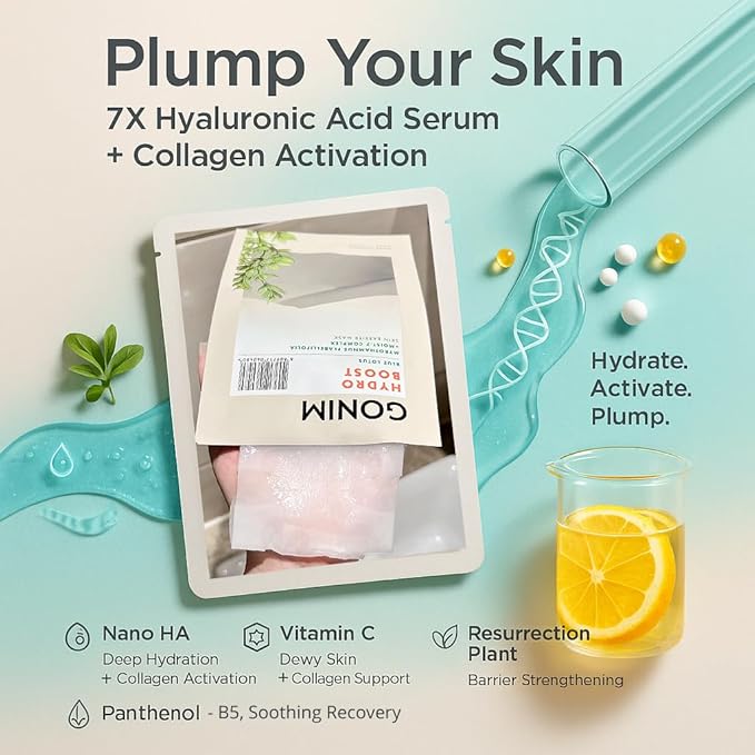 GONIM Face Mask Korean Skin Care with Hyaluronic Acid Serum & Collagen Activation, Face Masks Skincare with Vitamin C, Moisturizing Sheet Mask for All Skin, Korean Face Mask Travel Essentials 5 Sheets