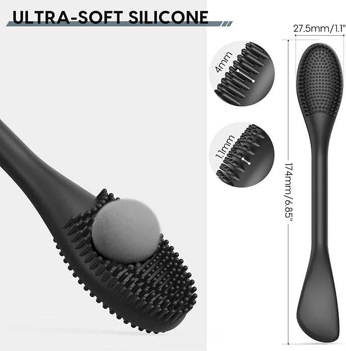 Silicone Facial Cleansing Brush - 2PC Double Ended Exfoliator for Deep Pore Cleaning, Blackhead Removal & Makeup Application - Soft, Hygienic & Waterproof Face Scrubber Massager（Black+Gray）