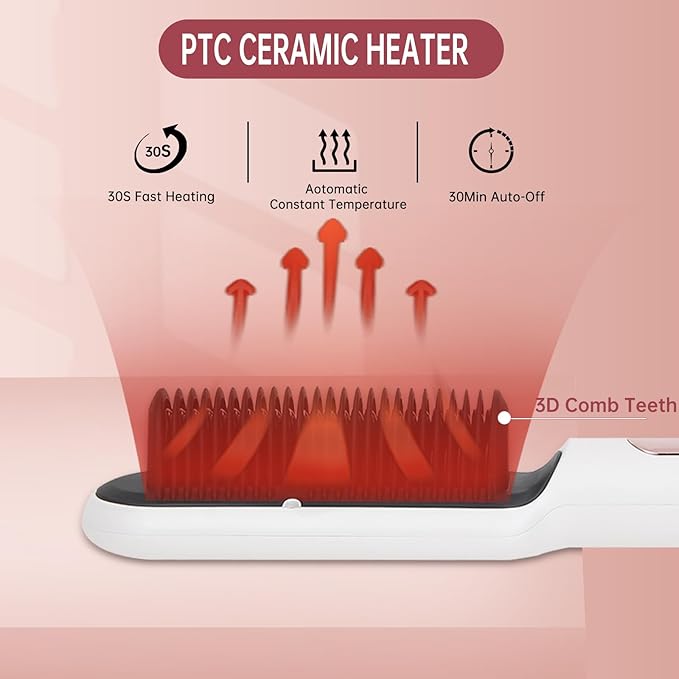 Negative Ionic Hair Straightener Brush with 9 Temp Settings, 30s Fast Heating Hair Straightening Comb with LED Display, Anti-Scald & Auto-Shut Off Hair Brush Straightener for Women (White)