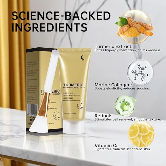 Collagen Night Wrapping Mask with Brush, Peel Off Face Mask with Retinol, VC, Turmeric Overnight Moisturizing Masks for Skin Smoothing, Nourishing & Firming 3.38 Floz