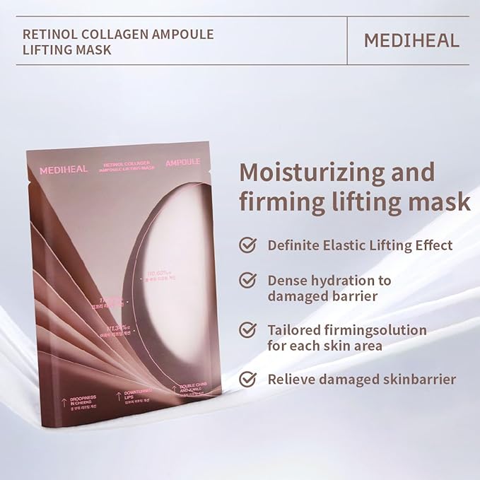 Mediheal Retinol Collagen Ampoule Lifting Mask (10 Counts) forV Line Mask, Anti-Aging - Helps Reduce Fine Lines & Wrinkles, and Smoothens Skin