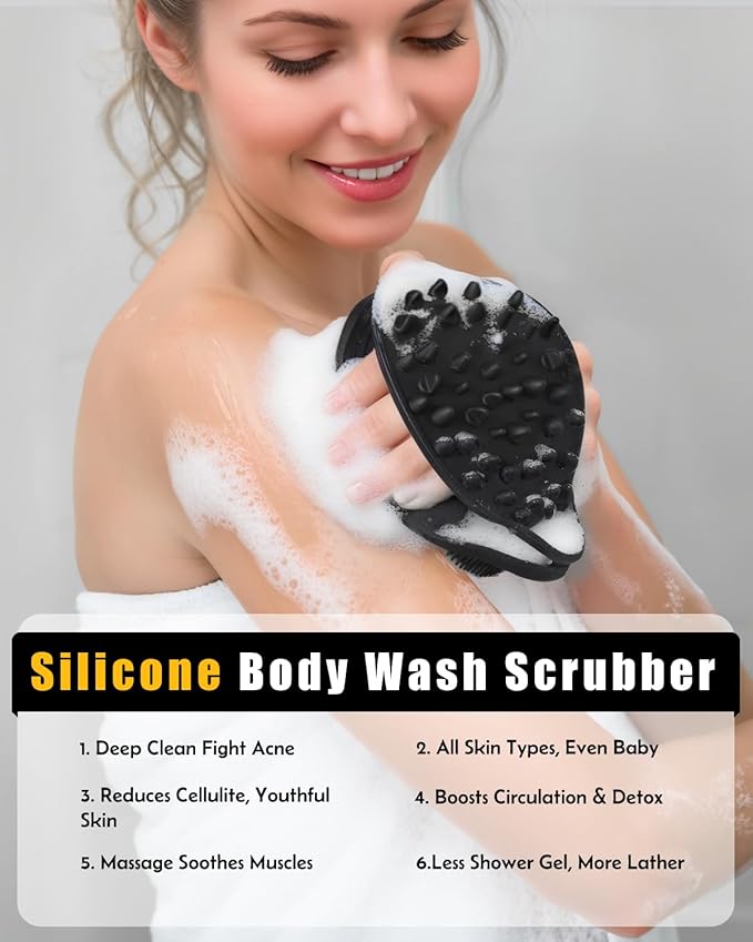 2 in 1 Silicone Body Scrubber, Anti Cellulite Massage Scrubber, Exfoliating Shower Brush for Men & Women, Removes Dead Skin, Reduces Cellulite, Improves Circulation, Fast Dry, Non Slip (1PC, Black)