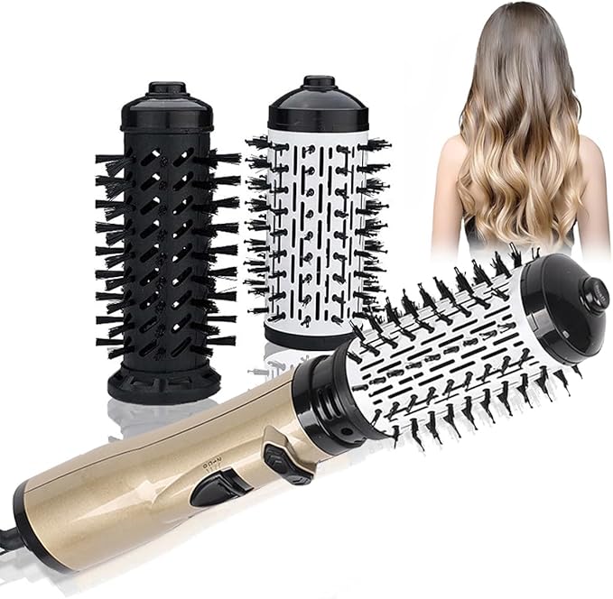 3-in-1 Hot Air Styler and Rotating Hair Dryer, Hair Dryer and Blow Dryer Brush in One, 2 Interchangeable Brushes for Dry and Wet Hair, Auto-Rotating Curling Hot Hair Brush (Gold)