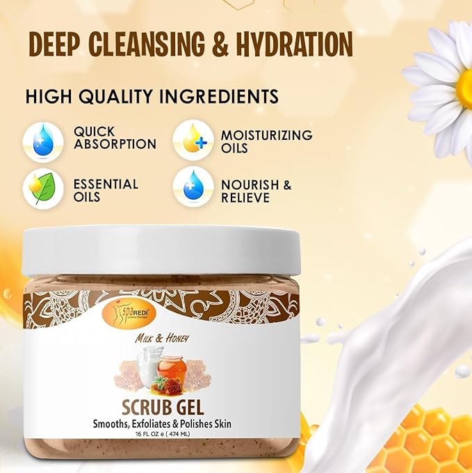 SPA REDI – Exfoliating Scrub Pumice Gel, Milk and Honey, 16 Oz - Manicure, Pedicure and Body Exfoliator Infused with Hyaluronic Acid, Amino Acids, Panthenol and Comfrey Extract