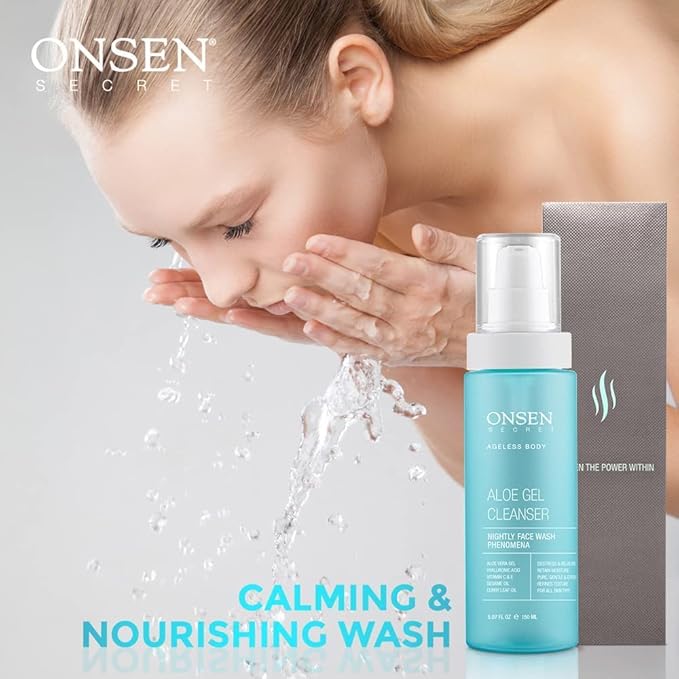 Onsen Secret Japanese Aloe Vera Face Wash - Premium Nightly Facial Cleanser for Makeup Removal, Heals Dry & Sensitive Skin, Hyaluronic Acid, Curry Leaf Oil, Vitamin C & E, Gel Cleanser